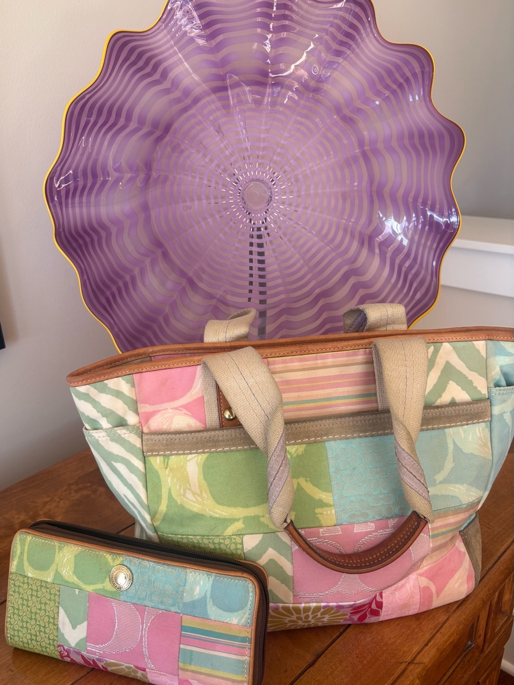 Coach Beautiful Vintage Pastel Patchwork Tote and Matching Wallet